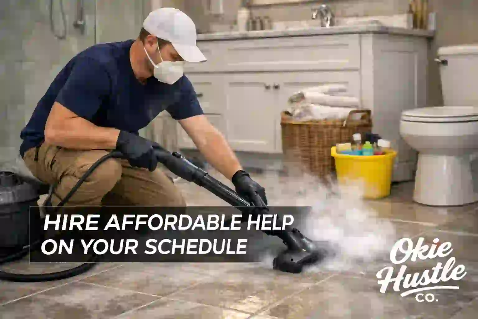 Okie Hustle steam cleaning a bathroom floor