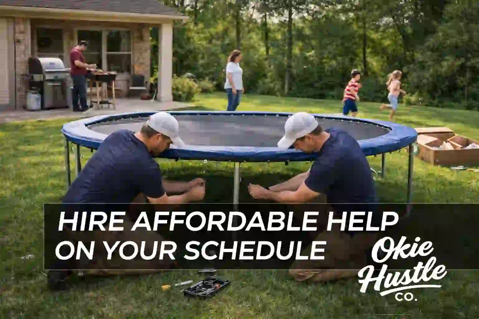 Okie Hustle assembling a trampoline in a backyard