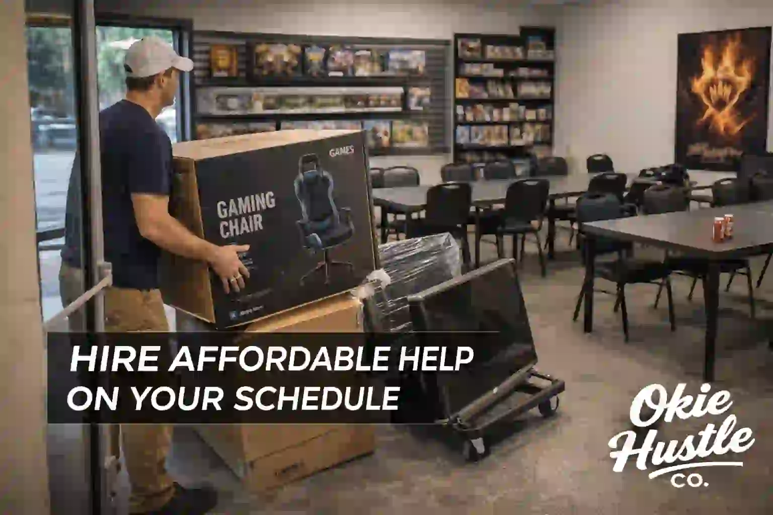 Okie Hustle delivering and moving furniture and boxed items into a business space