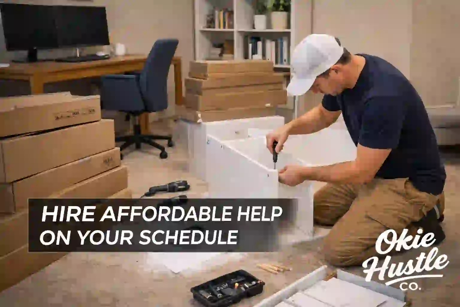 Okie Hustle assembling furniture in a home office