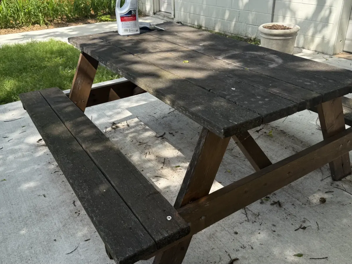 Picnic table and patio before cleanup