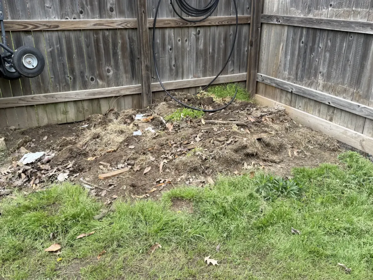 Fence line after yard debris cleanup