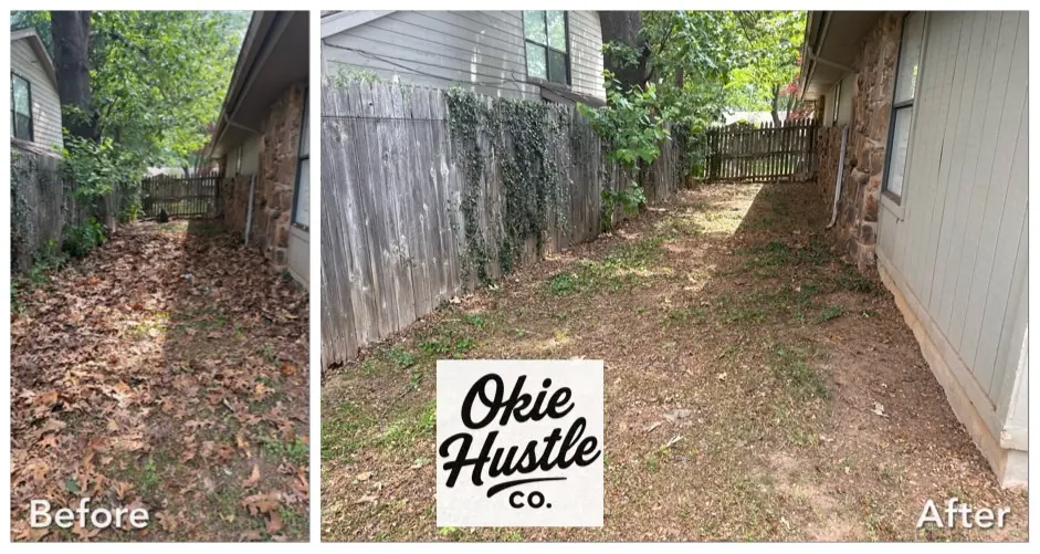 Before and after leaf and fence line cleanup