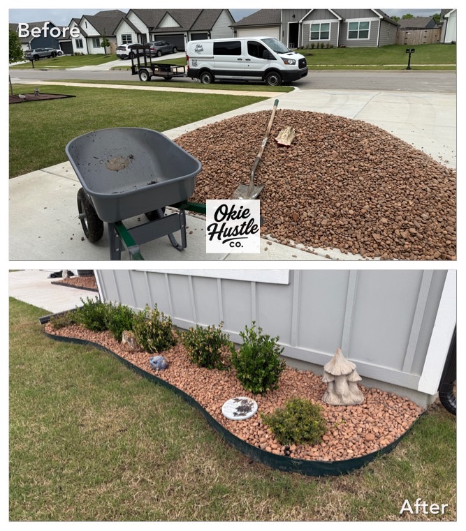 Before and after rock bed cleanup and install