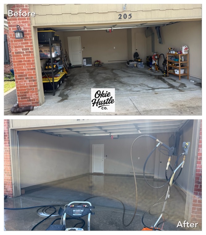 Before and after garage floor power washing