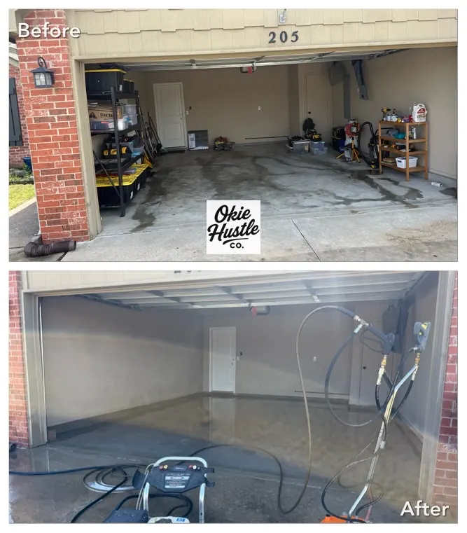 Before and after garage floor power washing
