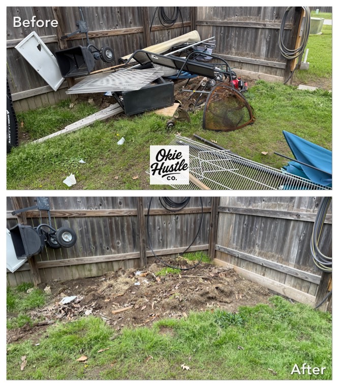 Before and after yard debris cleanup near a fence line