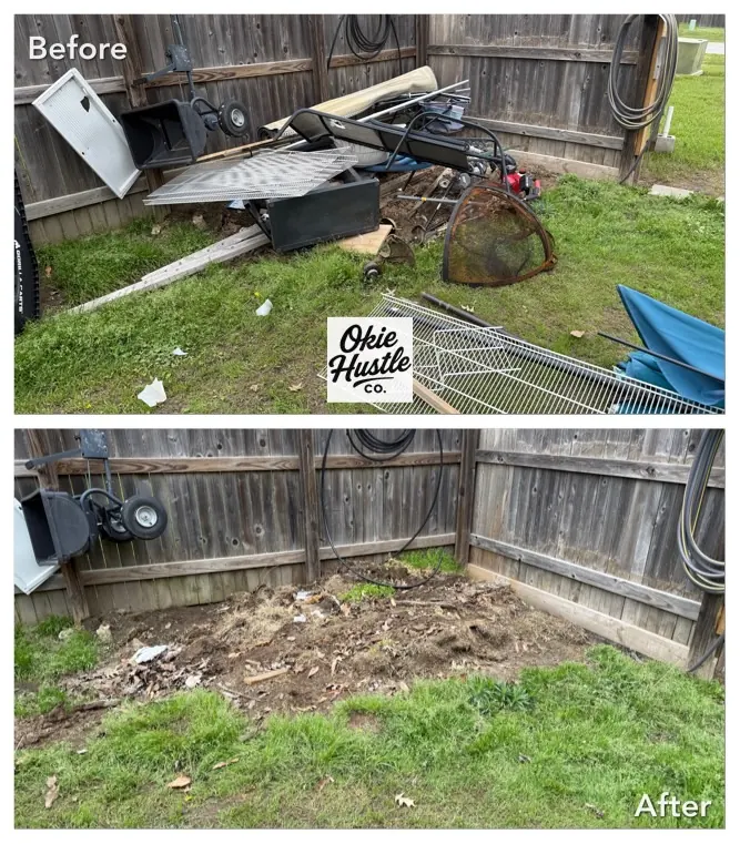 Before and after yard debris cleanup near a fence line
