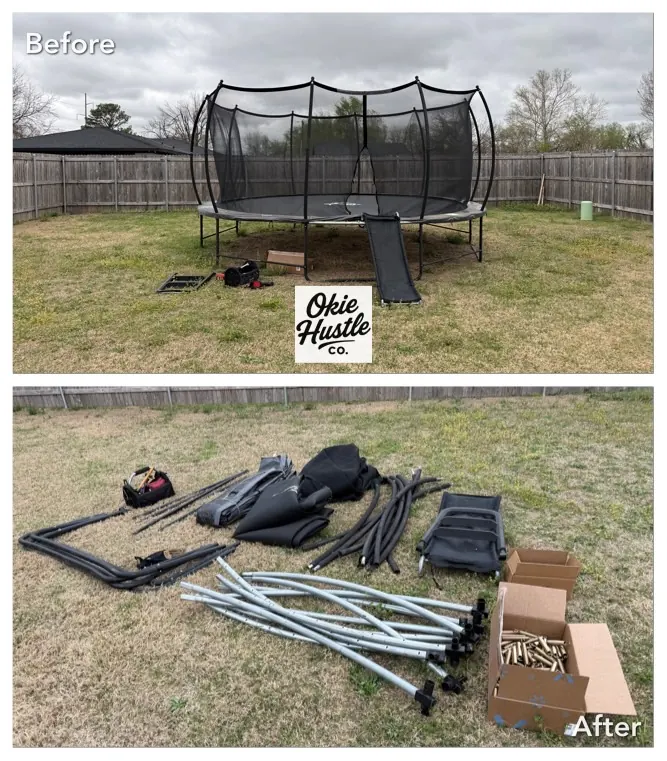 Before and after trampoline teardown with parts sorted in the yard
