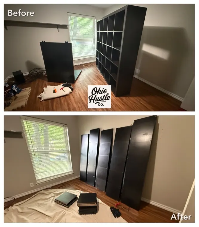 Large shelving unit broken down into flat panels for haul-off